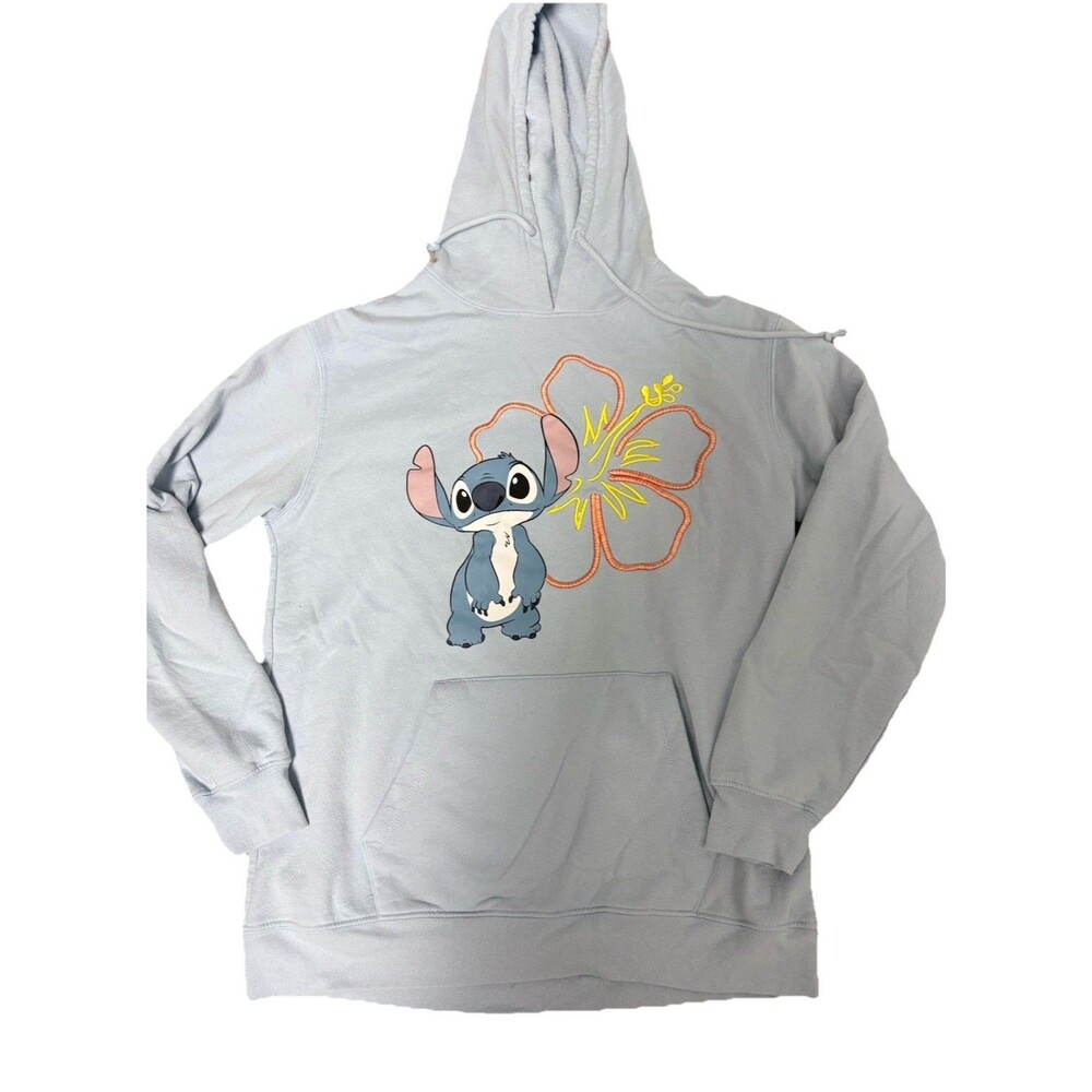 Disney Stitch Hoodie Junior XL Light Blue Embroidered Hibiscus Kawaii Streetwear